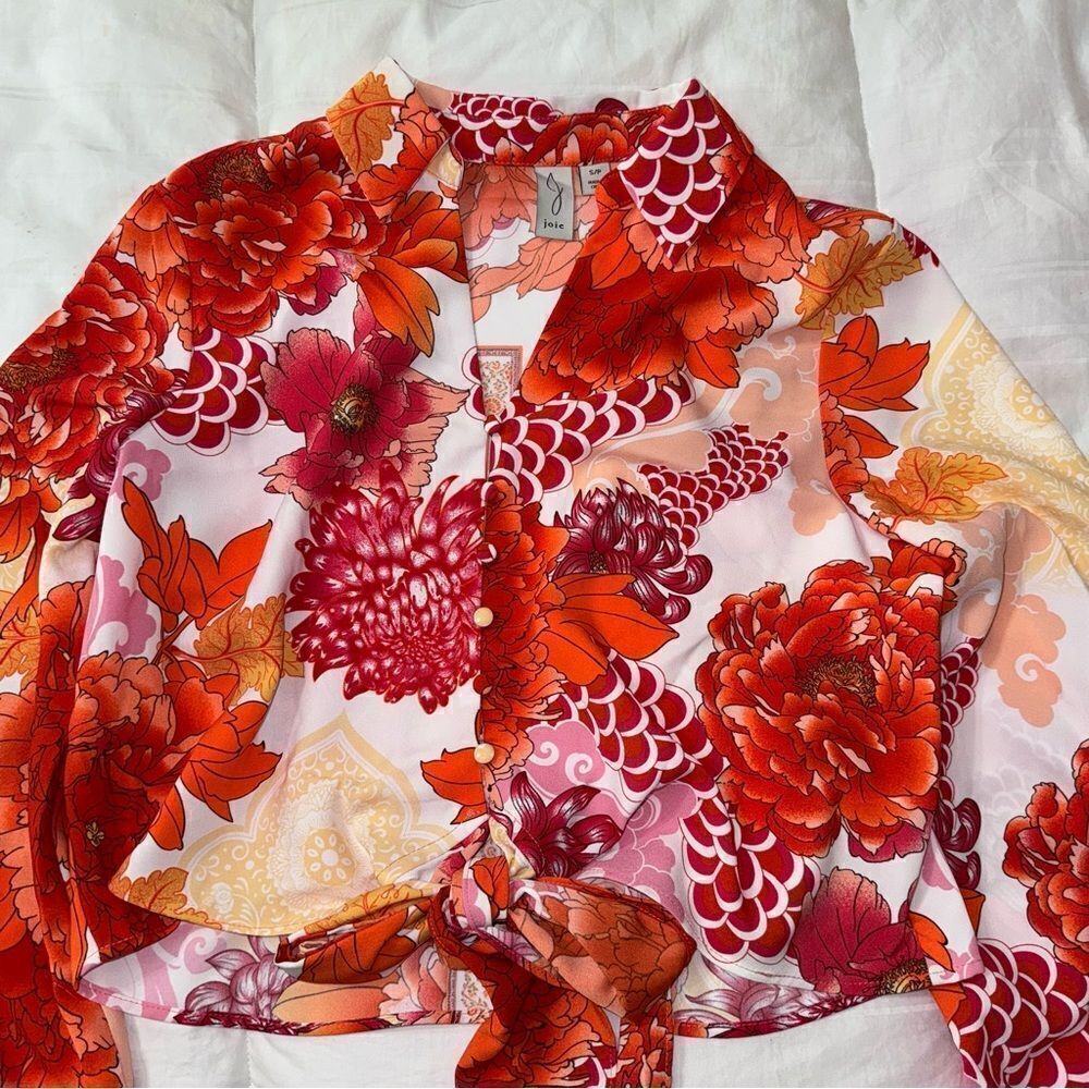Joie Long Sleeve Orange & White floral tie@waist button down- NWOT- size small - Picture 14 of 16